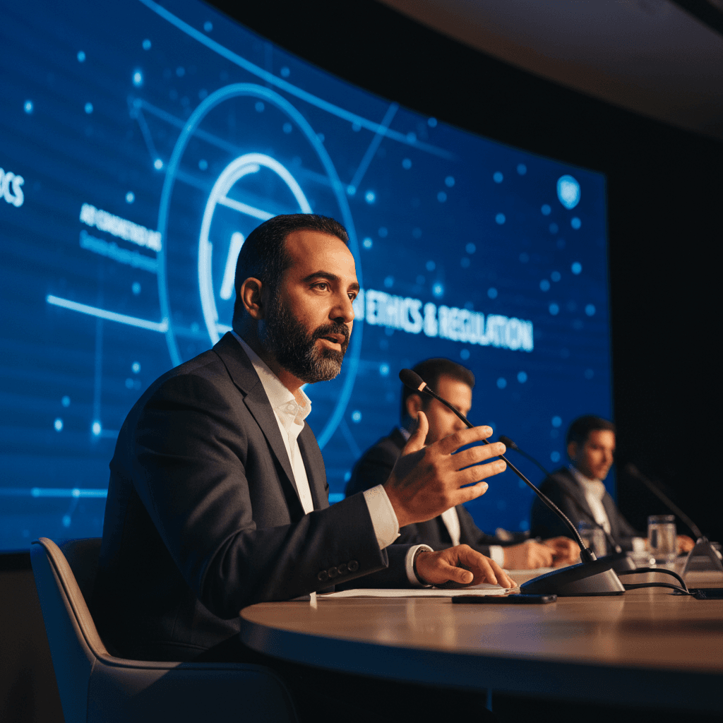 Habib Mehmoodi speaking at an AI governance panel